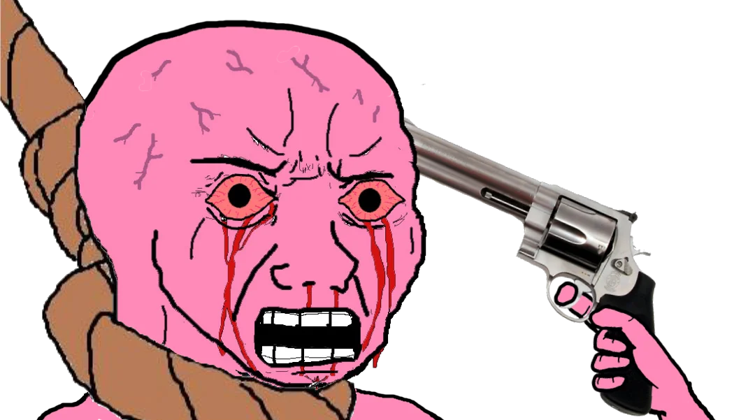 Pink Wojak with noose around neck holding revolver to head, crying blood and gritting teeth