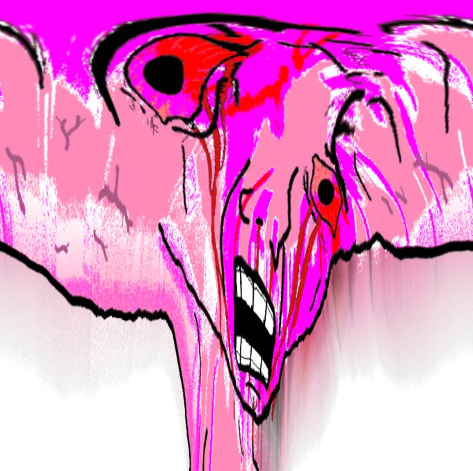 Heavily distorted Pink Wojak reduced to a pink blob with gaping mouth