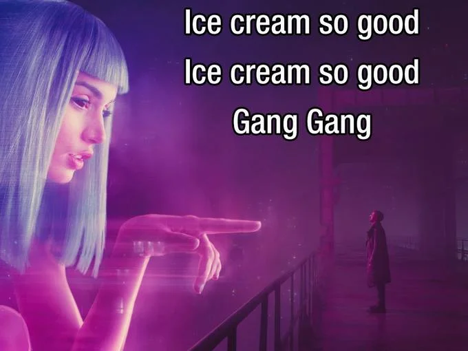 Pinkydoll Tiktok Lives Ice Cream So Good Gang Gang — Blade Runner 2049 Joi hologram scene captioned Ice cream so good Gang Gang
