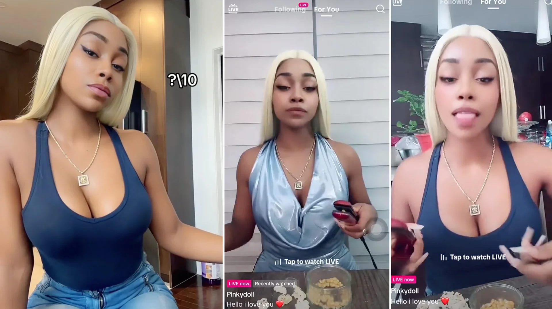 Pinkydoll Tiktok Lives Ice Cream So Good Gang Gang — Three-panel collage of PinkyDoll during her TikTok LIVE NPC streams