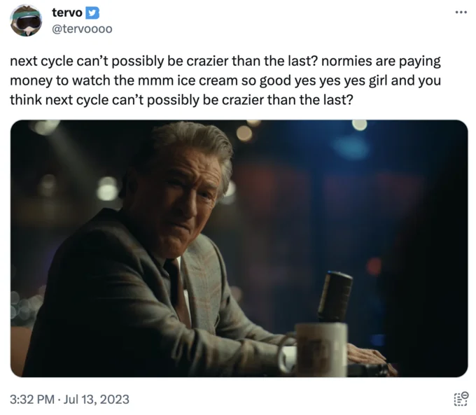 Pinkydoll Tiktok Lives Ice Cream So Good Gang Gang — Tervo tweet about normies paying to watch PinkyDoll with Robert De Niro image