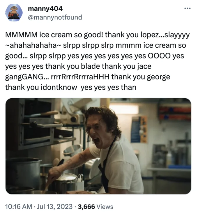 Pinkydoll Tiktok Lives Ice Cream So Good Gang Gang — Tweet mimicking PinkyDoll NPC chant with Jeremy Allen White shouting in a kitchen from The Bear