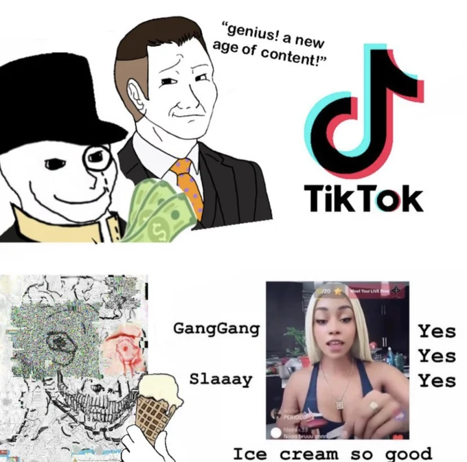 Pinkydoll Tiktok Lives Ice Cream So Good Gang Gang — Wojak meme comparing TikTok hype to the reality of PinkyDoll NPC live streams