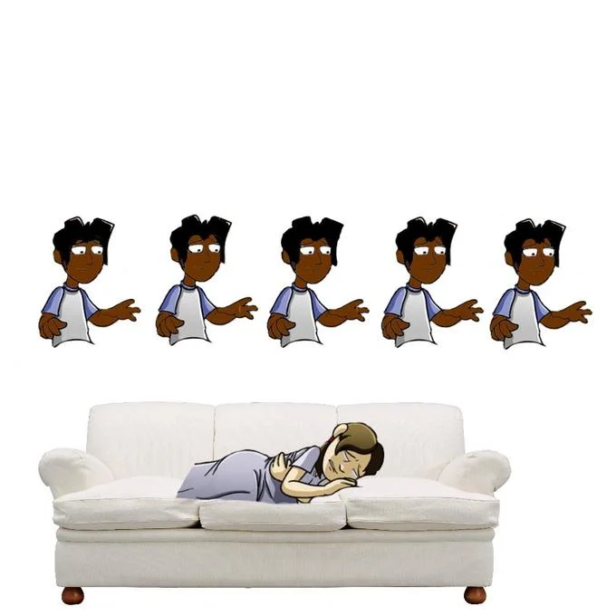 Piper Perri Surrounded — Cartoon illustration of five identical animated male characters standing over a girl sleeping on a white couch.