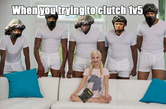 Piper Perri Surrounded — Piper Perri meme edited with Counter-Strike helmets on the men and a bomb defuser on the girl, captioned about a 1v5 clutch.