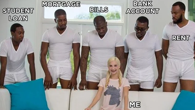 Piper Perri Surrounded — Blonde girl on couch surrounded by five men in white shirts labeled with financial burdens like rent and bills.