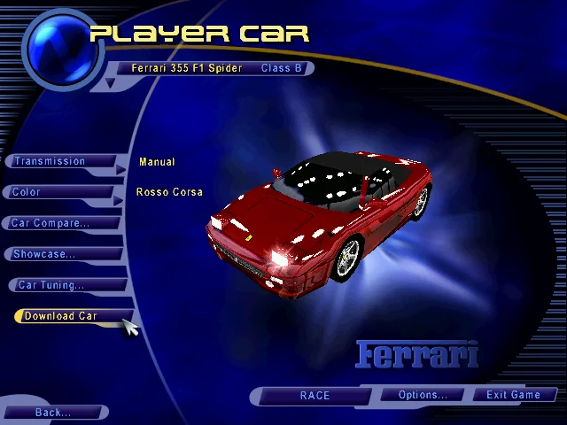 Piracy, It's a Crime — Video game car selection menu with a 'Download Car' button highlighted