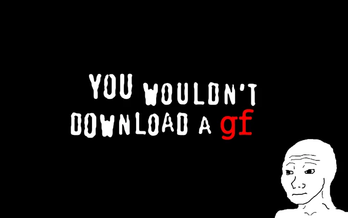 Piracy, It's a Crime — Meme reading 'You Wouldn't Download a gf' with wojak face illustration