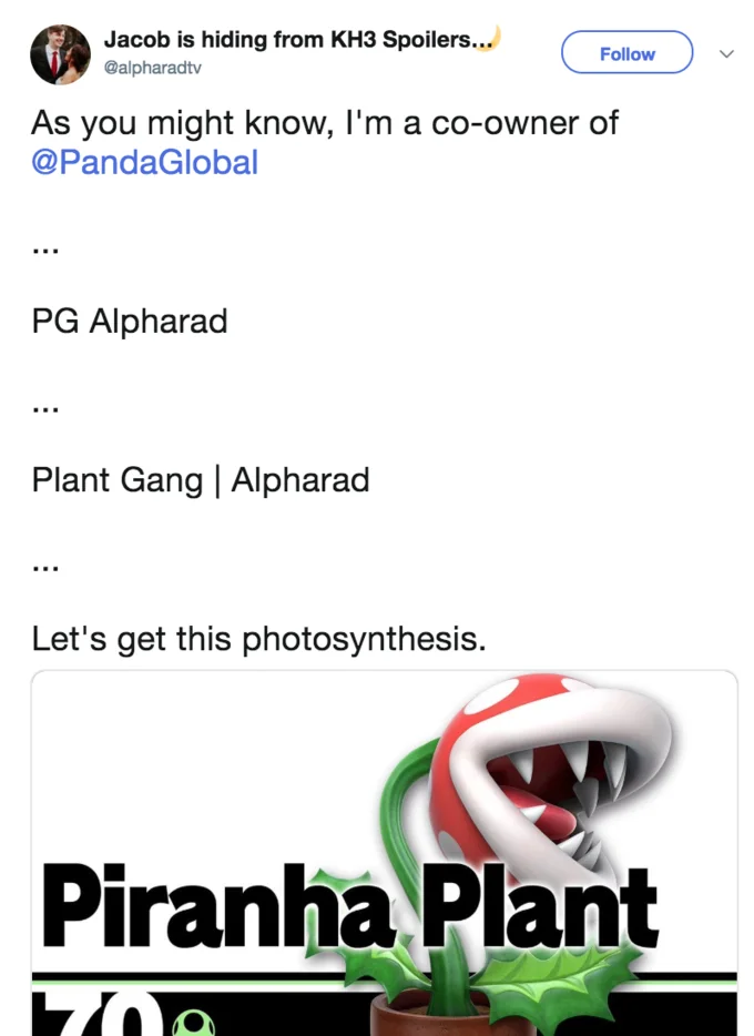 Piranha Plant Gang — Tweet from Alpharad announcing Plant Gang branding with a Piranha Plant image