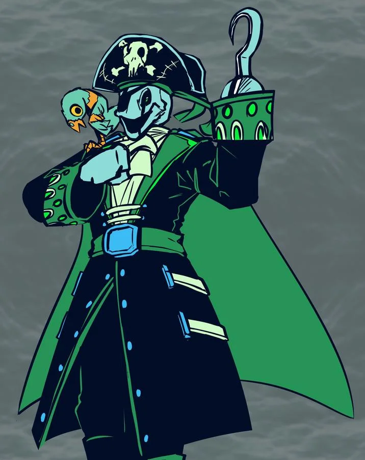 Pirate Gaster — Fan art of W.D. Gaster dressed as a pirate captain with a tricorn hat, hook hand, and a bird companion