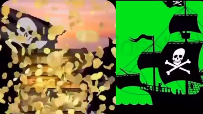 Pirate Irony There Be Treasure — A split-screen composition featuring chaotic low-quality pirate imagery with pixelated skulls and golden treasure on the left