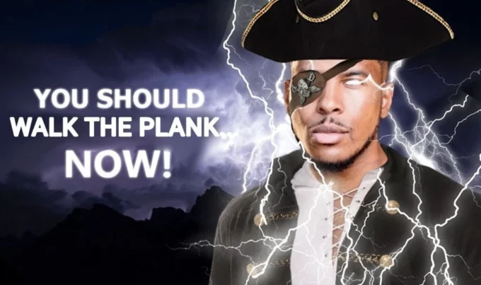 Pirateposting — Man with pirate hat and eyepatch surrounded by lightning with 'you should walk the plank now' caption