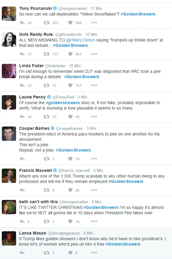 Pissgate The Pee Tape — Screenshot of a Twitter timeline with several tweets tagged #GoldenShowers reacting to the dossier allegations.