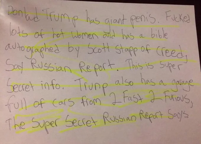 Pissgate The Pee Tape — Handwritten satirical 'Super Secret Russian Report' note joking about Trump, Scott Stapp, and 2 Fast 2 Furious.