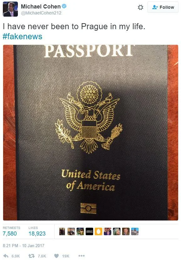 Pissgate The Pee Tape — Michael Cohen tweet with US passport photo denying he has ever been to Prague.