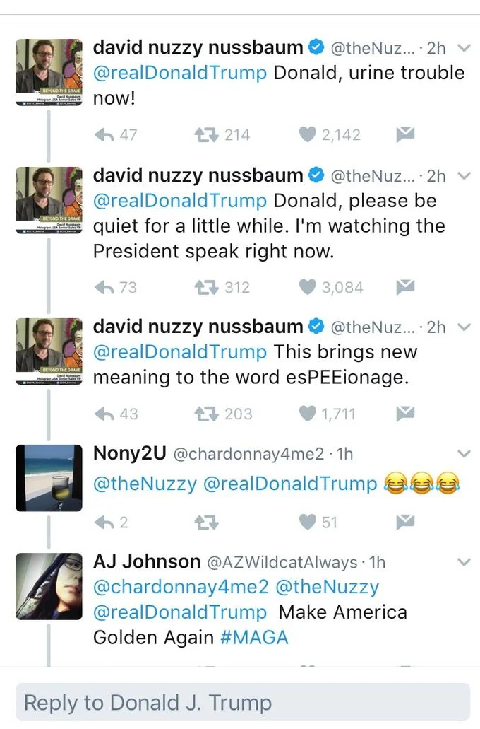 Pissgate The Pee Tape — Twitter replies to Donald Trump with urine puns like 'urine trouble now' and 'Make America Golden Again'.