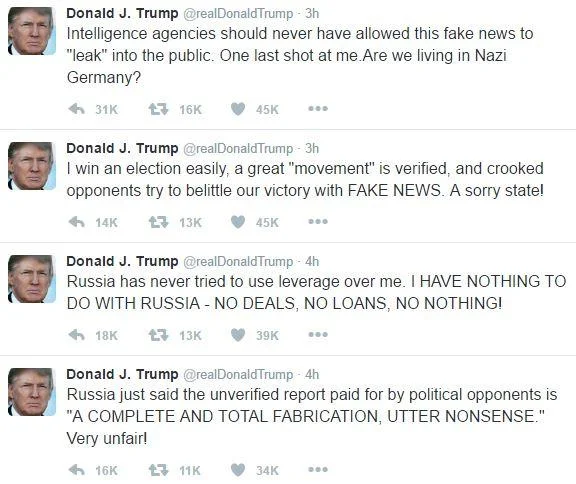 Pissgate The Pee Tape — Series of four Trump tweets denying Russia ties and denouncing the dossier leak.