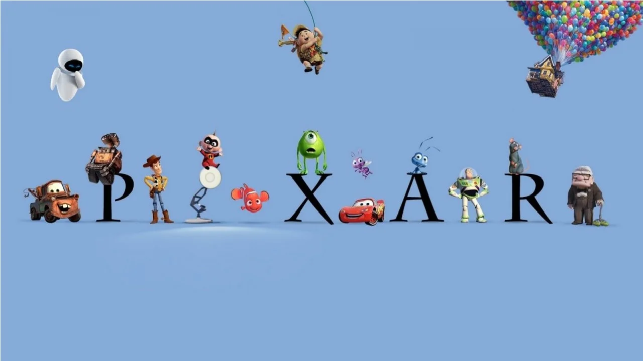 Pixar characters including Mater, WALL-E, Woody, Jack-Jack, Nemo, Mike, Lightning McQueen, Buzz, Flik, Remy, and Carl posing with the letters spelling PIXAR