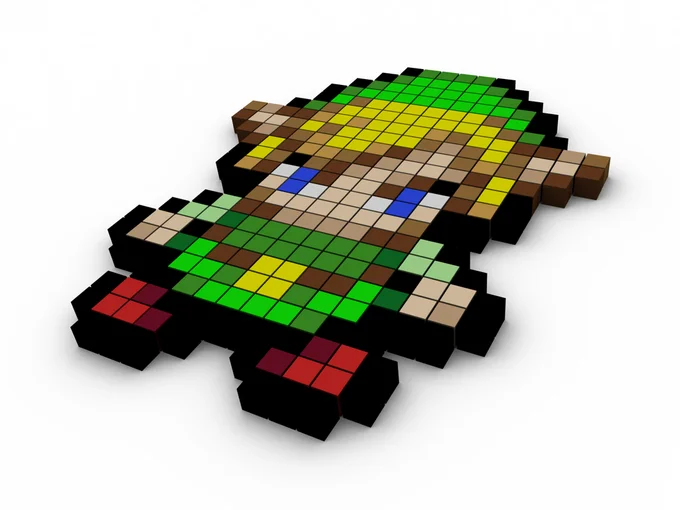 Pixel Art — 3D voxel rendering of Link from The Legend of Zelda in his classic 8-bit sprite form