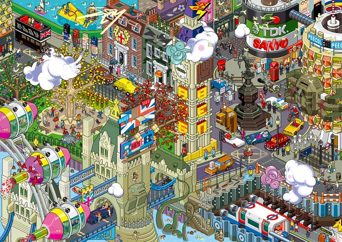 Detailed isometric pixel art of a busy London street scene by eBoy
