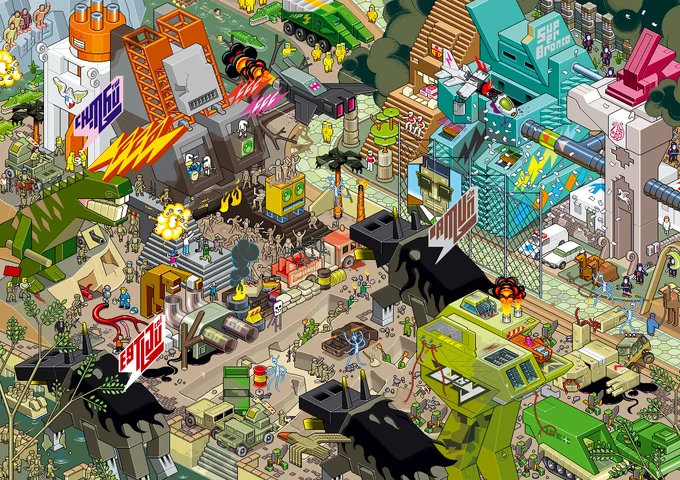 Isometric pixel art scene of an industrial war zone with monsters and machinery