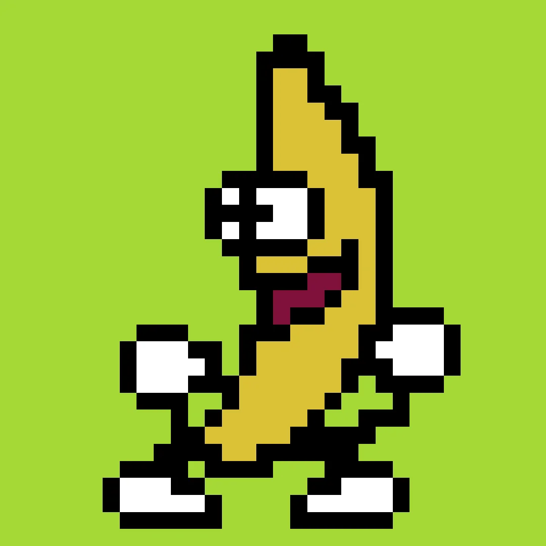 PixelArt — A simplified pixel art character with banana-like yellow body, black outline, and burgundy mouth on a bright lime green background.