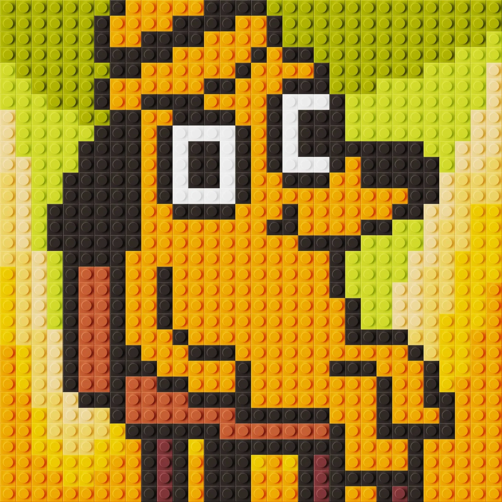 PixelArt — A character constructed from LEGO bricks with orange, black, and yellow studs arranged in pixel-art style against a yellow-green LEGO background.