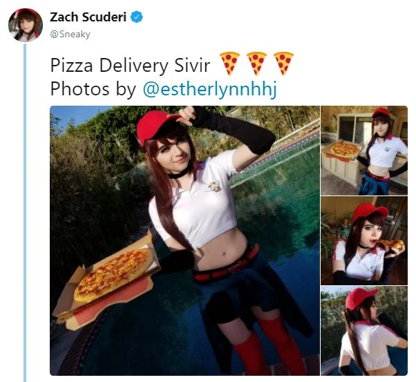 Four-panel meme pairing Pizza Delivery Sivir cosplay with a disappointed reaction to Sneaky's tweet
