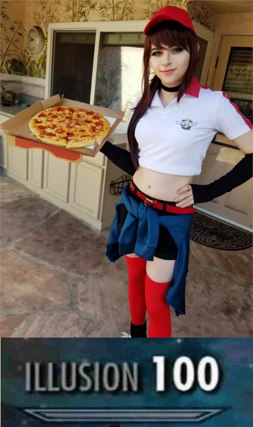 Full-body Pizza Delivery Sivir cosplay with Skyrim 'Illusion 100' caption