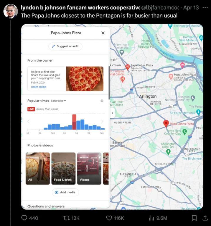 Pizza Meter Pentagon Pizza Orders — Tweet stating the Papa Johns near the Pentagon is far busier than usual, with map and popular times chart