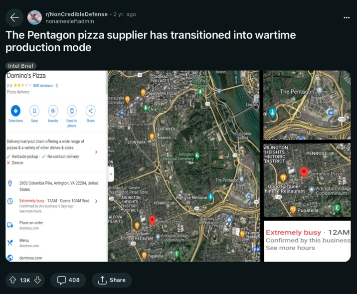 Pizza Meter Pentagon Pizza Orders — Reddit post showing Domino's Pizza near the Pentagon marked extremely busy at midnight