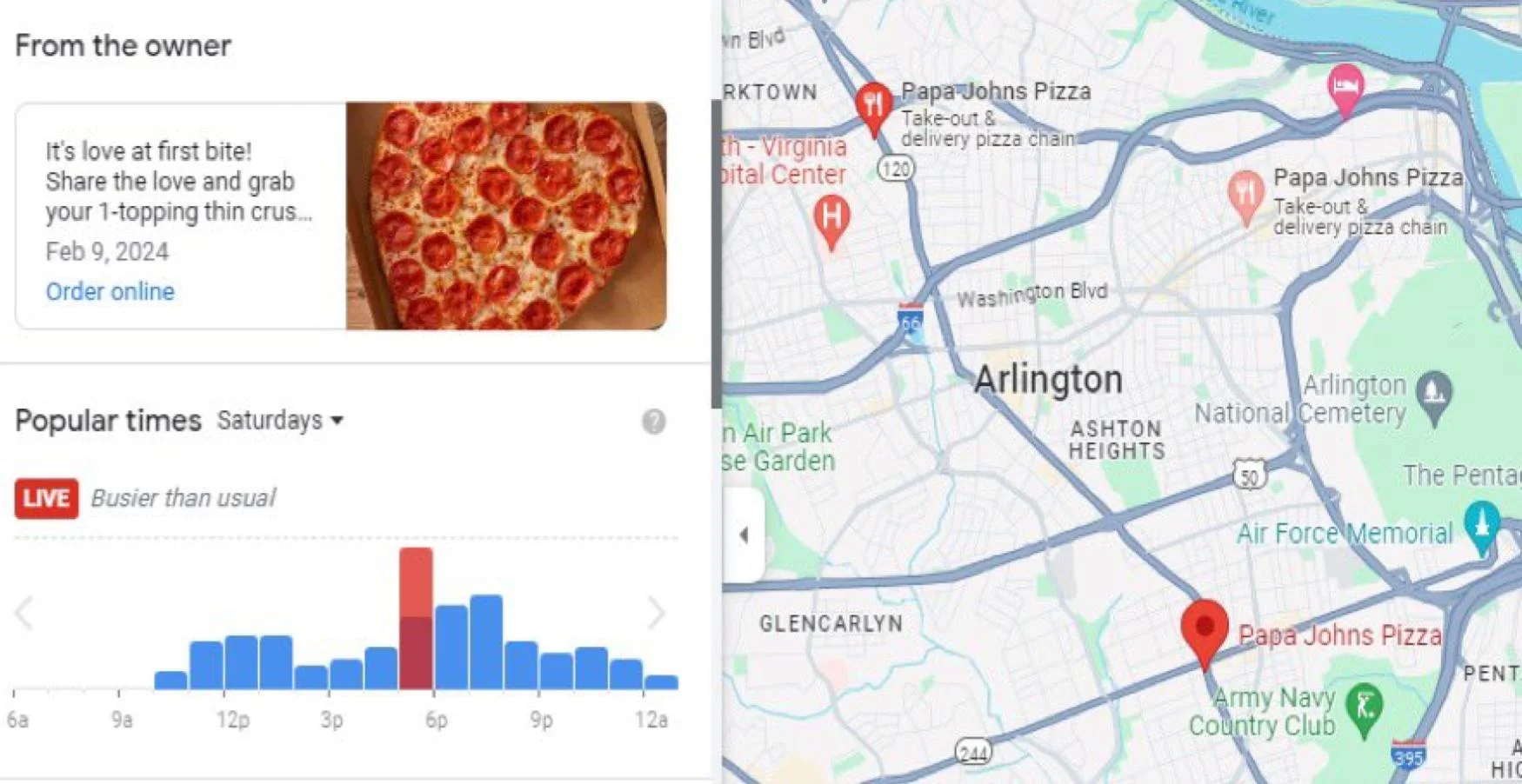 Pizza Meter Pentagon Pizza Orders — Google Maps listing showing Papa Johns Pizza near the Pentagon marked as busier than usual, alongside a map of Arlington
