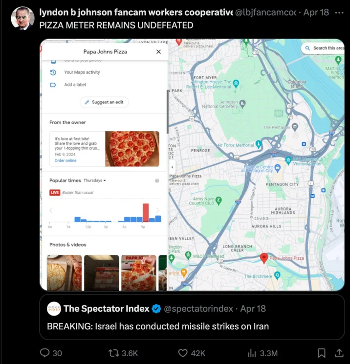 Pizza Meter Pentagon Pizza Orders — Tweet declaring 'Pizza Meter Remains Undefeated' next to breaking news of Israeli strikes on Iran