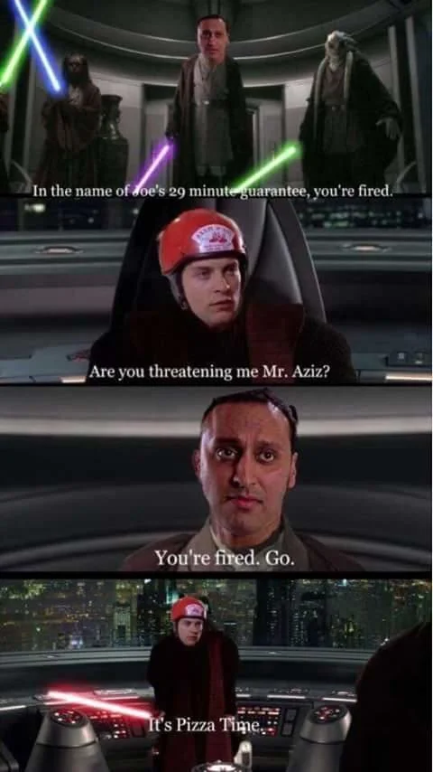 Star Wars prequel scene edited with Tobey Maguire as a pizza-helmet-wearing Peter Parker saying 'It's Pizza Time.'