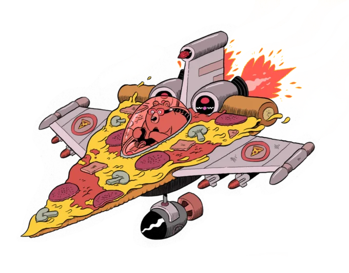 Cartoon pig flying a pizza slice fighter jet with flaming exhaust
