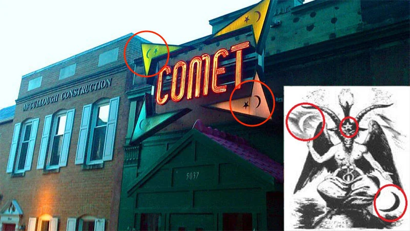Pizzagate — Comet Ping Pong sign next to Baphomet illustration with matching symbols circled in red
