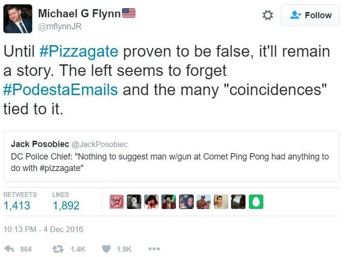 Michael G Flynn tweet defending the Pizzagate story