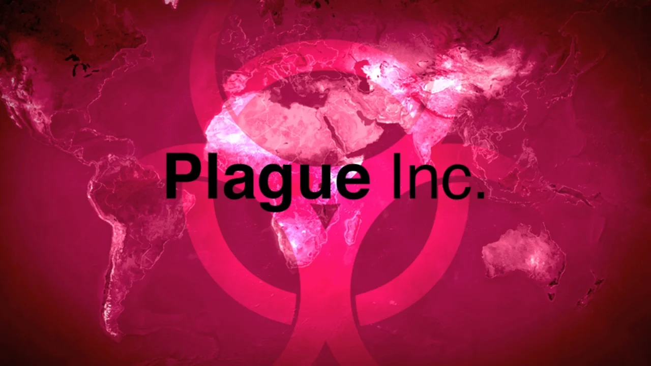 Plague Inc. game logo with pink biohazard symbol over a world map