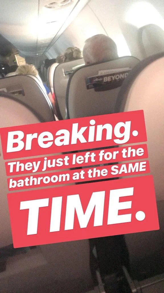 Plane Bae — An Instagram story photo of airplane cabin interior with bold red and white text 'Breaking. They just left for the bathroom at the SAME TIME.'