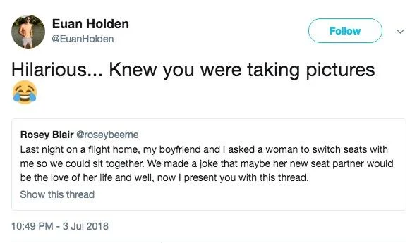 Plane Bae — A screenshot of Euan Holden's Twitter reply to Rosey Blair dated July 3, 2018, reading 'Hilarious... Knew you were taking pictures 😂.'
