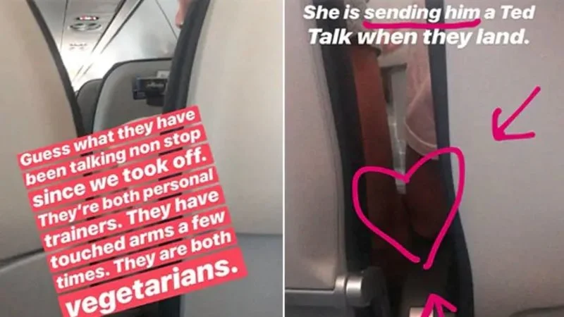 Plane Bae — A collage of two Instagram story images from Rosey Blair's thread showing personal details about the couple and a pink heart arrow between seats.