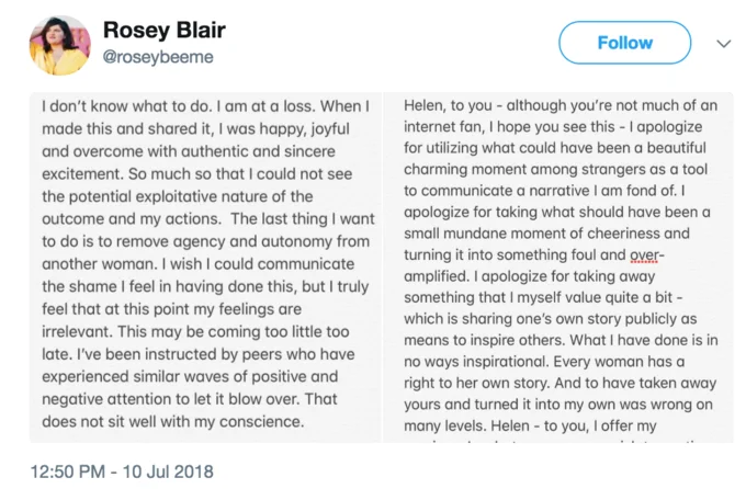 Plane Bae — A screenshot of Rosey Blair's lengthy apology tweet from July 10, 2018, addressed to 'Helen' acknowledging consent and privacy issues.