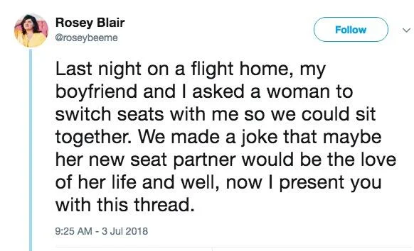 A screenshot of Rosey Blair's original tweet from July 3, 2018, beginning the viral Plane Bae thread about a potential romance on a flight.