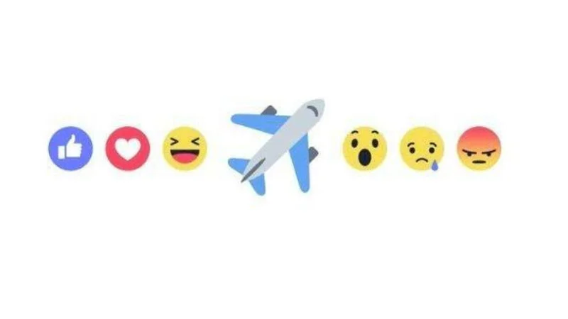 Plane Emoji React — A clean vector illustration on white background displaying the plane emoji centrally positioned among Facebook's standard reaction emojis.