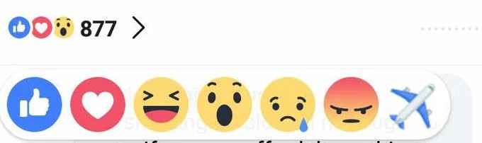 Plane Emoji React — A screenshot of Facebook's reaction emoji picker displaying a plane emoji alongside thumbs up, heart, laughing, surprised, sad, and angry