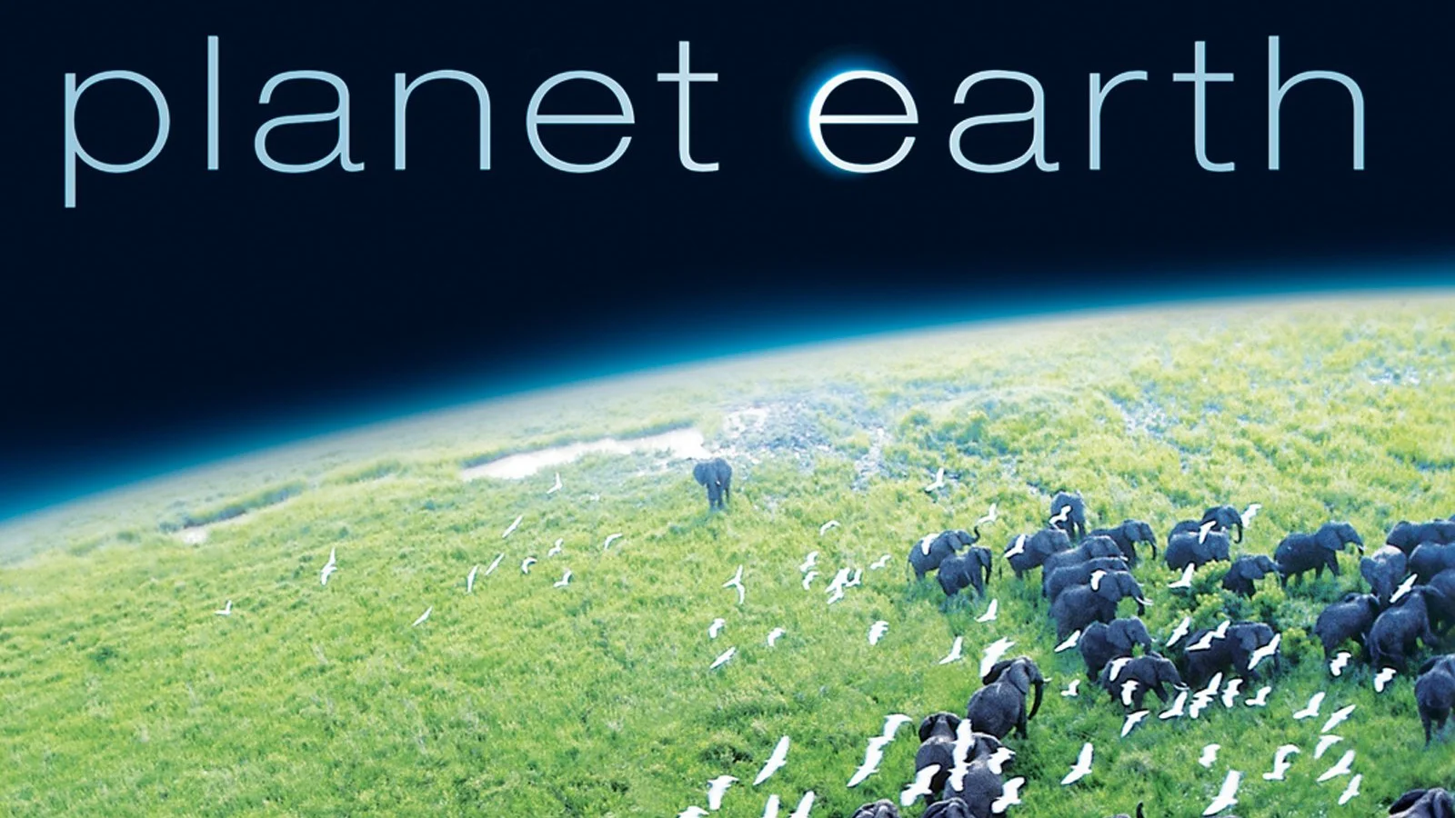 Planet Earth title card with elephants crossing a green plain viewed from above