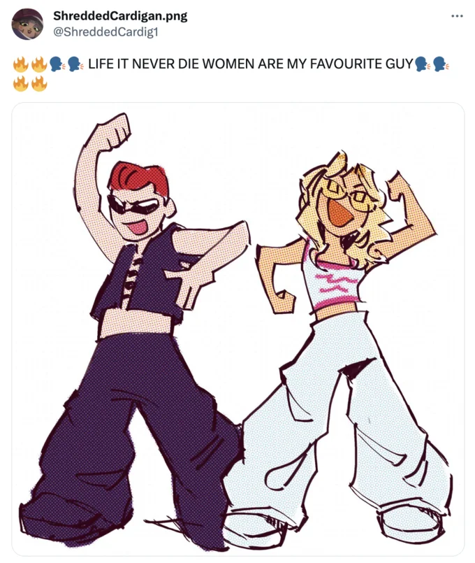 Planet Of The Bass Women Are My Favorite Guy — Cartoon fan art of Planet of the Bass duo dancing, posted with the caption 'life it never die women are my