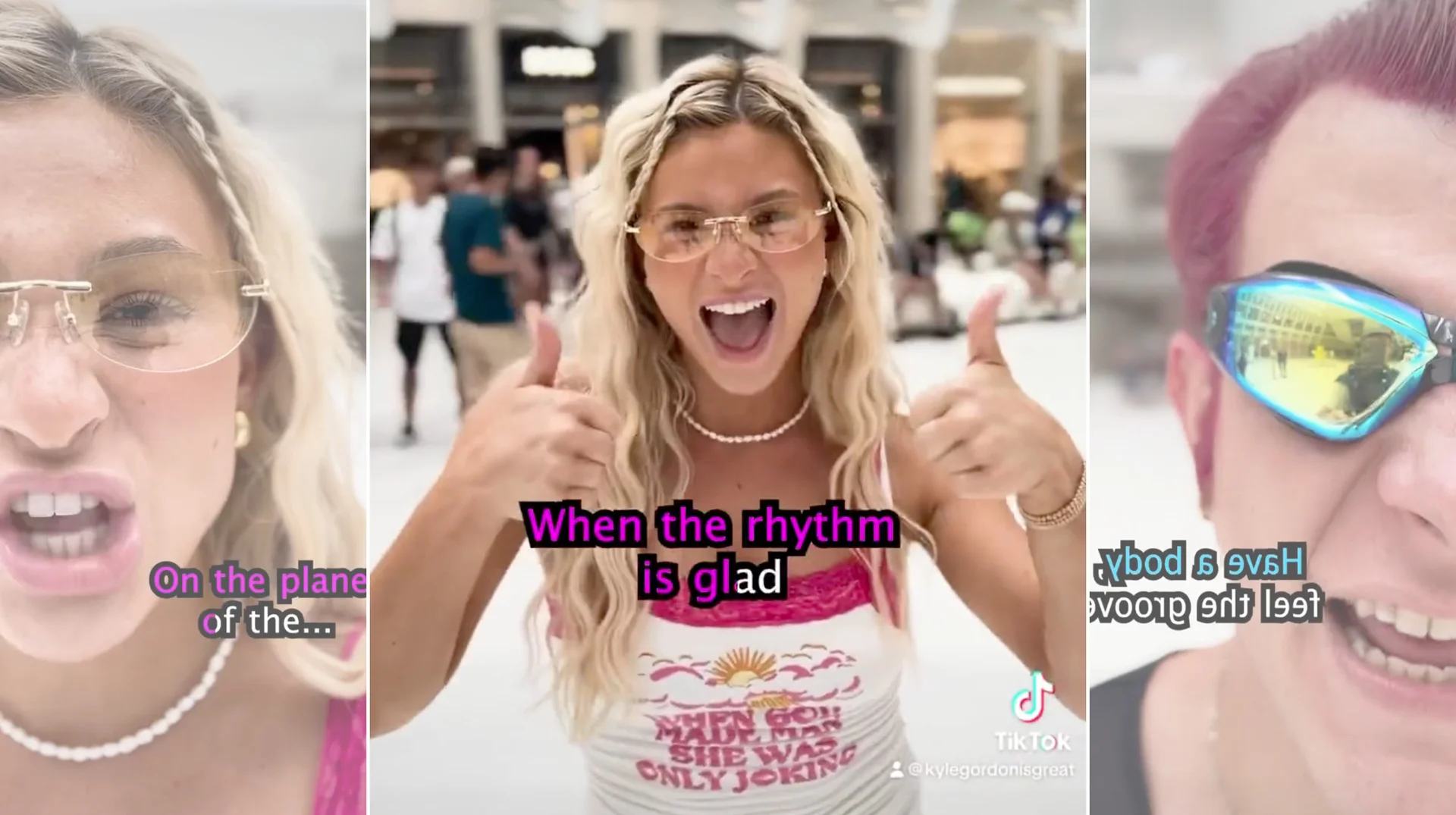 Planet Of The Bass Women Are My Favorite Guy — Triptych of TikTok stills showing a blonde woman and pink-haired man performing the Planet of the Bass parody