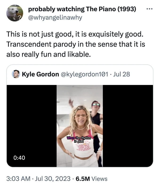Planet Of The Bass Women Are My Favorite Guy — Tweet praising Planet of the Bass as a transcendent parody, embedded with a still from the music video.