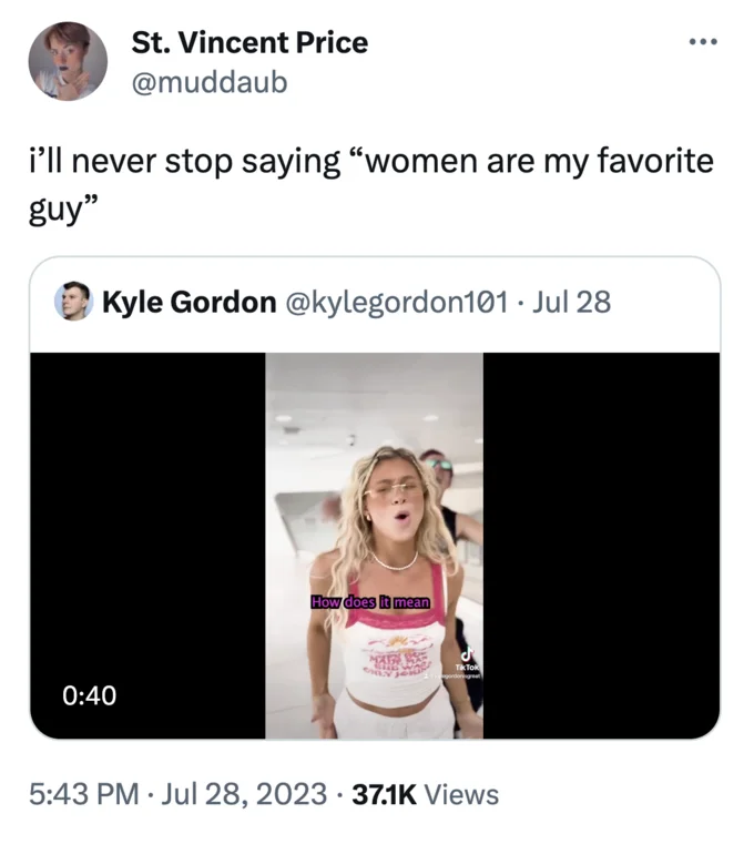 Planet Of The Bass Women Are My Favorite Guy — Tweet quoting Kyle Gordon's Planet of the Bass video with the caption 'I'll never stop saying women are my